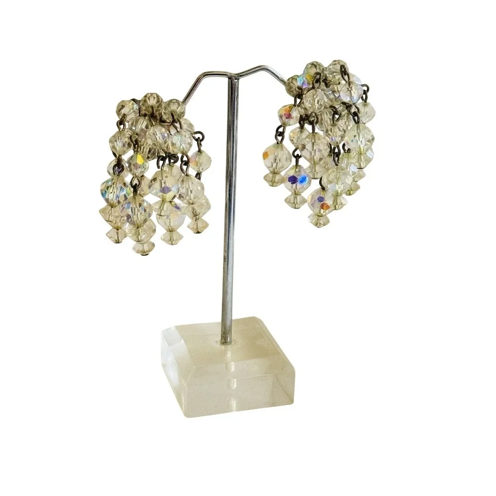 VTG Jeweled aurora borealis Crystal earrings waterfall‎ Dangle Clip Beaded 60s